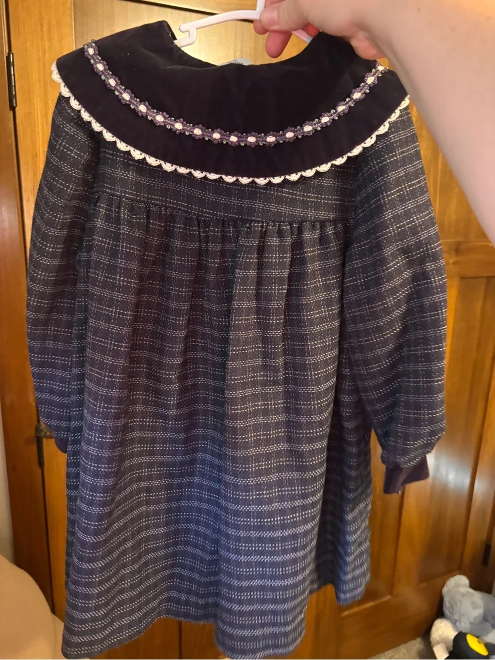 Vintage Bonnie Jean Girls Dress 4T Navy Plaid Velvet Peter Pan Collar Lace Pearl